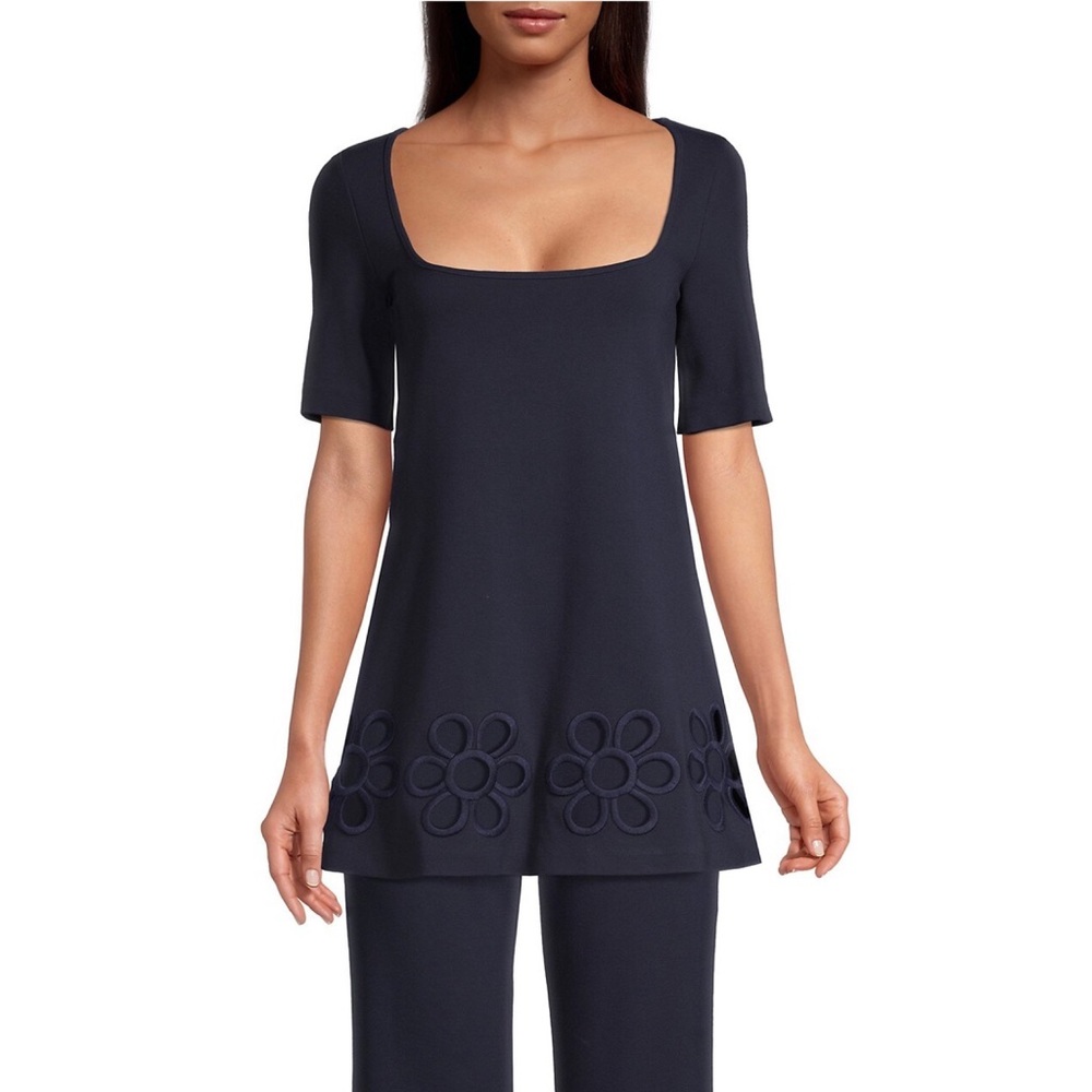 REBECCA TAYLOR Navy Floral Artsy Cutout Square-Neck Coquette Tunic S Coastal